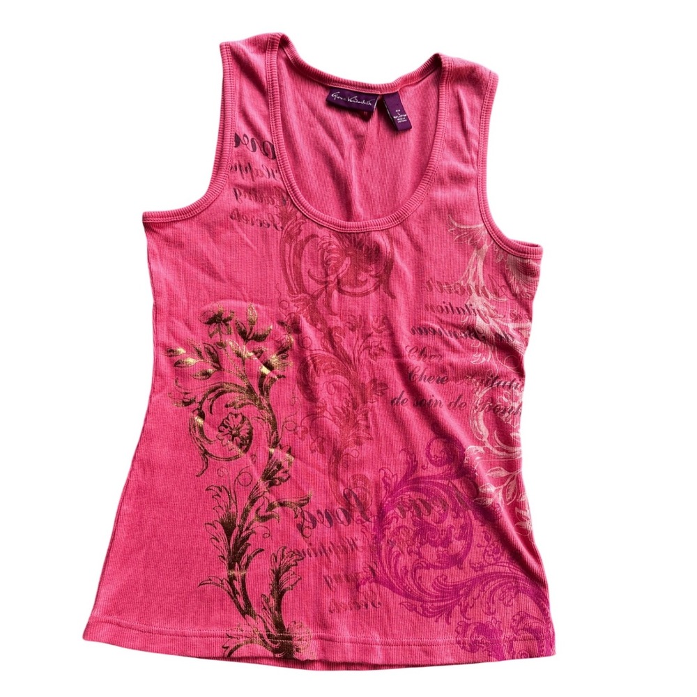 Y2K Gloria Vanderbilt Pink Ribbed‎ Tank Top Gold Metallic Graphic Print Size L